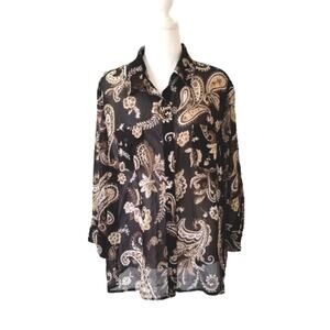 Croft & Barrow, Paisley Button-Front Blouse - Black/Beige - Size XL